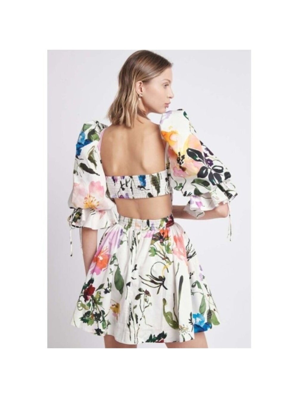 Aje Drift Floral Print Puff Sleeve Mini Dress‎ Open Back Cotton US XS / AU 6 - Picture 14 of 15